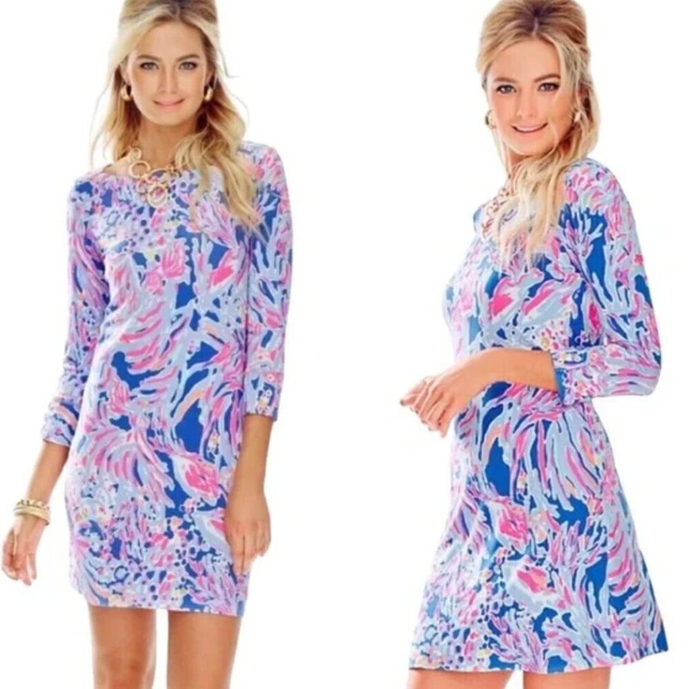 Lilly Pulitzer UPF 50+ Sophie Shrimply Chic Pink Purple Coral 3/4 Dress Sz S GUC